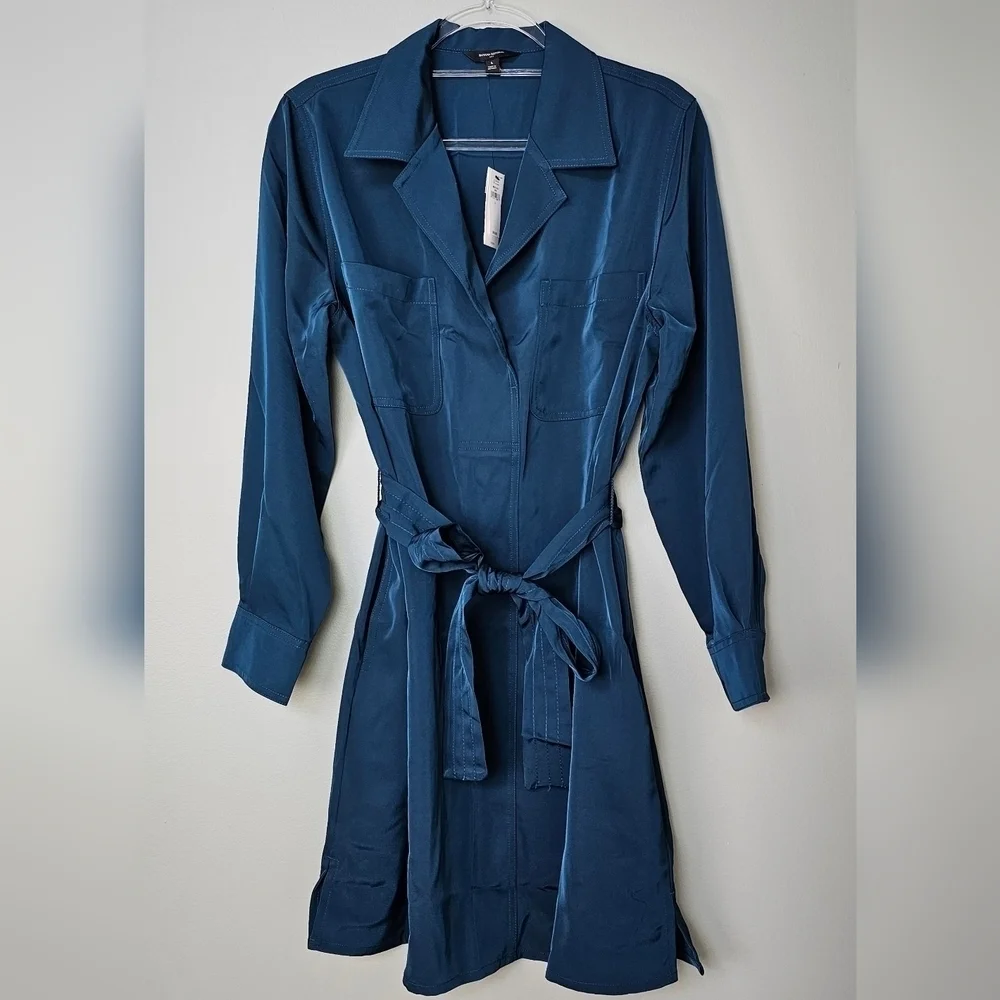 Banana Republic Women's Long Sleeve Satin Twill Mini Shift Dress in Teal Shadow